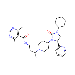 Cc1ncnc(C)c1C(=O)NCC[C@@H](C)N1CCC(N2C(=O)N(C3CCCCC3)C[C@H]2c2ccccn2)CC1 ZINC000096285427