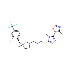 Cc1ncoc1-c1nnc(SCCCN2CC[C@@]3(C[C@H]3c3ccc(C(F)(F)F)cc3F)C2)n1C ZINC001772592836