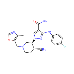 Cc1ncoc1CN1CC[C@@H](C#N)[C@H](n2cc(C(N)=O)c(Nc3ccc(F)cc3)n2)C1 ZINC000220642965