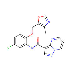 Cc1ncoc1COc1ccc(Cl)cc1NC(=O)c1cnn2cccnc12 ZINC000113654656