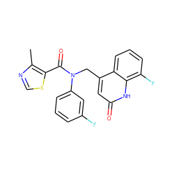 Cc1ncsc1C(=O)N(Cc1cc(=O)[nH]c2c(F)cccc12)c1cccc(F)c1 ZINC000040423411