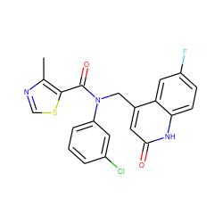 Cc1ncsc1C(=O)N(Cc1cc(=O)[nH]c2ccc(F)cc12)c1cccc(Cl)c1 ZINC000040422999