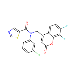 Cc1ncsc1C(=O)N(Cc1cc(=O)oc2c(F)c(F)ccc12)c1cccc(Cl)c1 ZINC000040845133