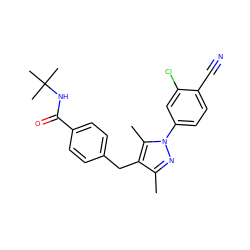 Cc1nn(-c2ccc(C#N)c(Cl)c2)c(C)c1Cc1ccc(C(=O)NC(C)(C)C)cc1 ZINC000073389713