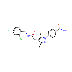 Cc1nn(-c2ccc(C(N)=O)cc2)c(C)c1CC(=O)NCc1ccc(F)cc1Cl ZINC000049113325