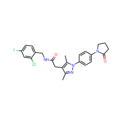 Cc1nn(-c2ccc(N3CCCC3=O)cc2)c(C)c1CC(=O)NCc1ccc(F)cc1Cl ZINC000095565321