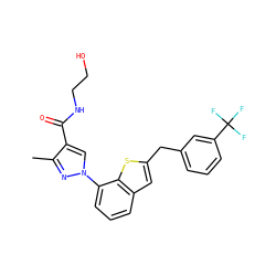 Cc1nn(-c2cccc3cc(Cc4cccc(C(F)(F)F)c4)sc23)cc1C(=O)NCCO ZINC000072314941