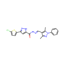 Cc1nn(-c2ccccc2)c(C)c1/C=N/NC(=O)c1cc(-c2ccc(Cl)s2)n[nH]1 ZINC000013479339