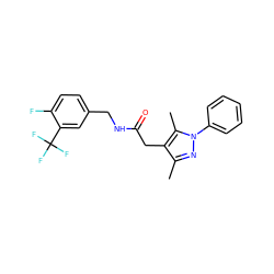 Cc1nn(-c2ccccc2)c(C)c1CC(=O)NCc1ccc(F)c(C(F)(F)F)c1 ZINC000095565836