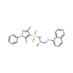 Cc1nn(-c2ccccc2)c(C)c1S(=O)(=O)N[C@@H](C)COc1cccc2cnccc12 ZINC000043129905