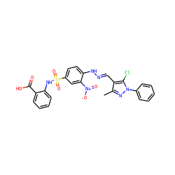 Cc1nn(-c2ccccc2)c(Cl)c1/C=N/Nc1ccc(S(=O)(=O)Nc2ccccc2C(=O)O)cc1[N+](=O)[O-] ZINC000017307574
