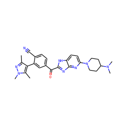 Cc1nn(C)c(C)c1-c1cc(C(=O)c2nc3nc(N4CCC(N(C)C)CC4)ccc3[nH]2)ccc1C#N ZINC000084689001