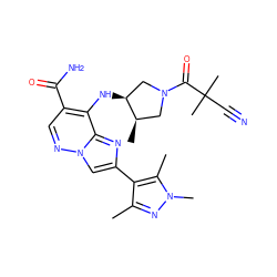 Cc1nn(C)c(C)c1-c1cn2ncc(C(N)=O)c(N[C@H]3CN(C(=O)C(C)(C)C#N)C[C@H]3C)c2n1 ZINC001772592398