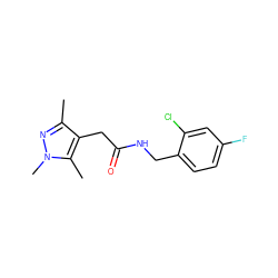 Cc1nn(C)c(C)c1CC(=O)NCc1ccc(F)cc1Cl ZINC000049783660