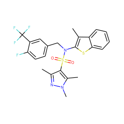 Cc1nn(C)c(C)c1S(=O)(=O)N(Cc1ccc(F)c(C(F)(F)F)c1)c1sc2ccccc2c1C ZINC000115228921