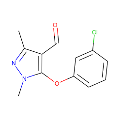 Cc1nn(C)c(Oc2cccc(Cl)c2)c1C=O ZINC000003883344