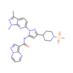 Cc1nn(C)c2nc(-n3nc(C4CCN(S(C)(=O)=O)CC4)cc3NC(=O)c3cnn4cccnc34)ccc12 ZINC000142340308