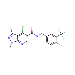 Cc1nn(C)c2ncc(C(=O)NCc3ccc(Cl)c(C(F)(F)F)c3)c(Cl)c12 ZINC000049073157