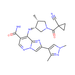 Cc1nn(C)cc1-c1cn2ncc(C(N)=O)c(N[C@H]3CN(C(=O)C4(C#N)CC4)C[C@H]3C)c2n1 ZINC001772580964