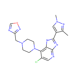 Cc1nn(C)cc1-c1nc2ncc(Cl)c(N3CCN(Cc4ncon4)CC3)c2[nH]1 ZINC000095561022