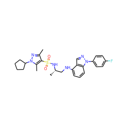 Cc1nn(C2CCCC2)c(C)c1S(=O)(=O)N[C@@H](C)CNc1cccc2c1cnn2-c1ccc(F)cc1 ZINC000137421882