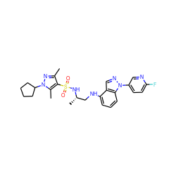 Cc1nn(C2CCCC2)c(C)c1S(=O)(=O)N[C@@H](C)CNc1cccc2c1cnn2-c1ccc(F)nc1 ZINC000043152881