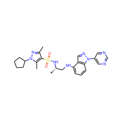 Cc1nn(C2CCCC2)c(C)c1S(=O)(=O)N[C@@H](C)CNc1cccc2c1cnn2-c1cncnc1 ZINC000137422204