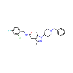 Cc1nn(C2CCN(Cc3ccccc3)CC2)c(C)c1CC(=O)NCc1ccc(F)cc1Cl ZINC000095565504