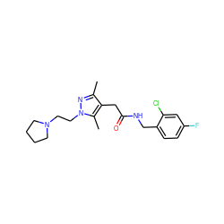 Cc1nn(CCN2CCCC2)c(C)c1CC(=O)NCc1ccc(F)cc1Cl ZINC000095565092