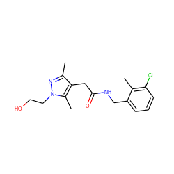 Cc1nn(CCO)c(C)c1CC(=O)NCc1cccc(Cl)c1C ZINC000095565070