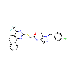 Cc1nn(Cc2ccc(Cl)cc2)c(C)c1NC(=O)CSc1nc2c(c(C(F)(F)F)n1)CCc1ccccc1-2 ZINC000008686126