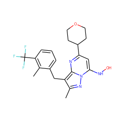 Cc1nn2c(NO)cc(C3CCOCC3)nc2c1Cc1cccc(C(F)(F)F)c1C ZINC000095584267