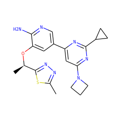 Cc1nnc([C@@H](C)Oc2cc(-c3cc(N4CCC4)nc(C4CC4)n3)cnc2N)s1 ZINC000653667586