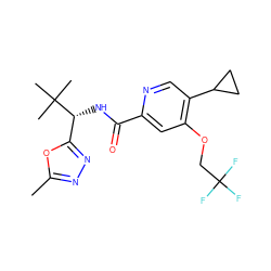 Cc1nnc([C@@H](NC(=O)c2cc(OCC(F)(F)F)c(C3CC3)cn2)C(C)(C)C)o1 ZINC000146397909