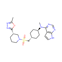 Cc1nnc([C@H]2CCCN(S(=O)(=O)C[C@H]3CC[C@H](N(C)c4ncnc5[nH]ccc45)CC3)C2)o1 ZINC000261096432