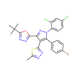 Cc1nnc(-c2c(-c3nnc(C(C)(C)C)o3)nn(-c3ccc(Cl)cc3Cl)c2-c2ccc(Br)cc2)s1 ZINC000049711059