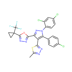 Cc1nnc(-c2c(-c3nnc(C4(C(F)(F)F)CC4)o3)nn(-c3ccc(Cl)cc3Cl)c2-c2ccc(Cl)cc2)s1 ZINC000049723183