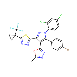 Cc1nnc(-c2c(-c3nnc(C4(C(F)(F)F)CC4)s3)nn(-c3ccc(Cl)cc3Cl)c2-c2ccc(Br)cc2)o1 ZINC000049768000