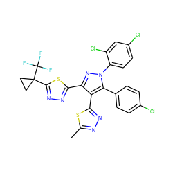 Cc1nnc(-c2c(-c3nnc(C4(C(F)(F)F)CC4)s3)nn(-c3ccc(Cl)cc3Cl)c2-c2ccc(Cl)cc2)s1 ZINC000049694574