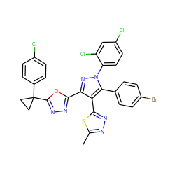 Cc1nnc(-c2c(-c3nnc(C4(c5ccc(Cl)cc5)CC4)o3)nn(-c3ccc(Cl)cc3Cl)c2-c2ccc(Br)cc2)s1 ZINC000049694892