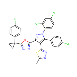 Cc1nnc(-c2c(-c3nnc(C4(c5ccc(Cl)cc5)CC4)o3)nn(-c3ccc(Cl)cc3Cl)c2-c2ccc(Cl)cc2)s1 ZINC000049722704