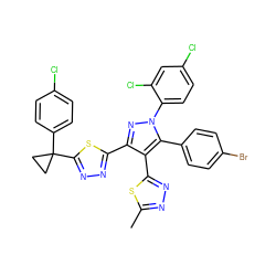 Cc1nnc(-c2c(-c3nnc(C4(c5ccc(Cl)cc5)CC4)s3)nn(-c3ccc(Cl)cc3Cl)c2-c2ccc(Br)cc2)s1 ZINC000049694889