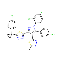 Cc1nnc(-c2c(-c3nnc(C4(c5ccc(Cl)cc5)CC4)s3)nn(-c3ccc(Cl)cc3Cl)c2-c2ccc(Cl)cc2)s1 ZINC000049694890