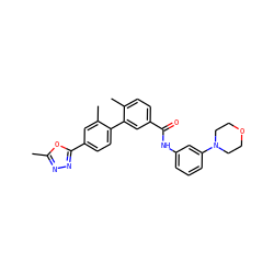 Cc1nnc(-c2ccc(-c3cc(C(=O)Nc4cccc(N5CCOCC5)c4)ccc3C)c(C)c2)o1 ZINC000040429518