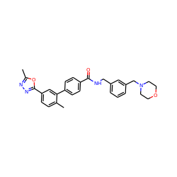 Cc1nnc(-c2ccc(C)c(-c3ccc(C(=O)NCc4cccc(CN5CCOCC5)c4)cc3)c2)o1 ZINC000029131174