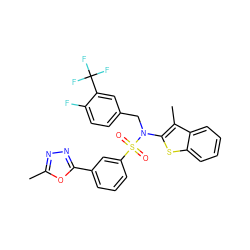 Cc1nnc(-c2cccc(S(=O)(=O)N(Cc3ccc(F)c(C(F)(F)F)c3)c3sc4ccccc4c3C)c2)o1 ZINC000115229695