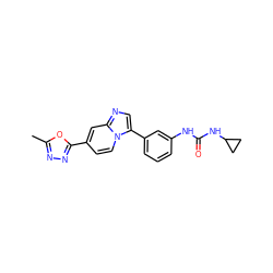 Cc1nnc(-c2ccn3c(-c4cccc(NC(=O)NC5CC5)c4)cnc3c2)o1 ZINC000139633833