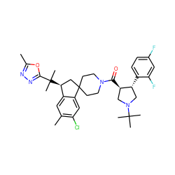 Cc1nnc(C(C)(C)[C@H]2CC3(CCN(C(=O)[C@@H]4CN(C(C)(C)C)C[C@H]4c4ccc(F)cc4F)CC3)c3cc(Cl)c(C)cc32)o1 ZINC000064513591