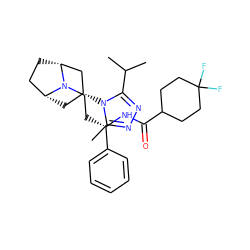 Cc1nnc(C(C)C)n1[C@@H]1C[C@@H]2CC[C@H](C1)N2CC[C@H](NC(=O)C1CCC(F)(F)CC1)c1ccccc1 ZINC000101160855