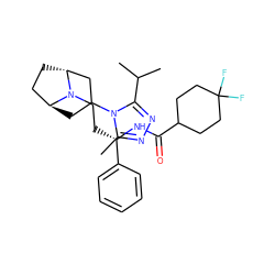 Cc1nnc(C(C)C)n1C1C[C@H]2CC[C@H](C1)N2CC[C@H](NC(=O)C1CCC(F)(F)CC1)c1ccccc1 ZINC000100015532